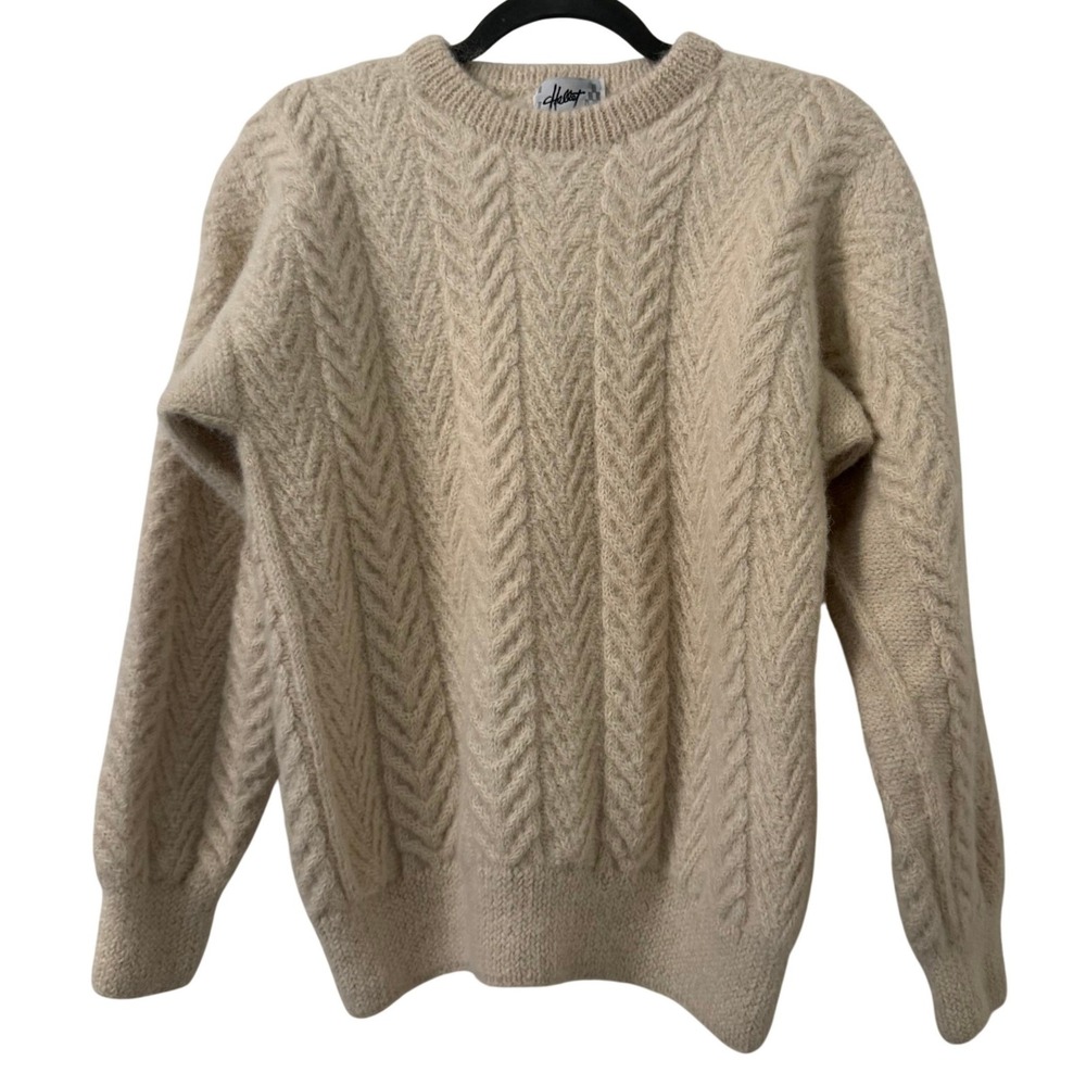 VTG Hellet Sweater Womens XL Beige Alpaca Wool Handknit Fisherman Cable Knit